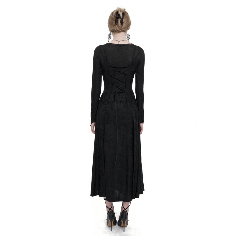 Gothic Plunging Floral Embroidered Dress / Fashion Black Women's Long Slit Dress