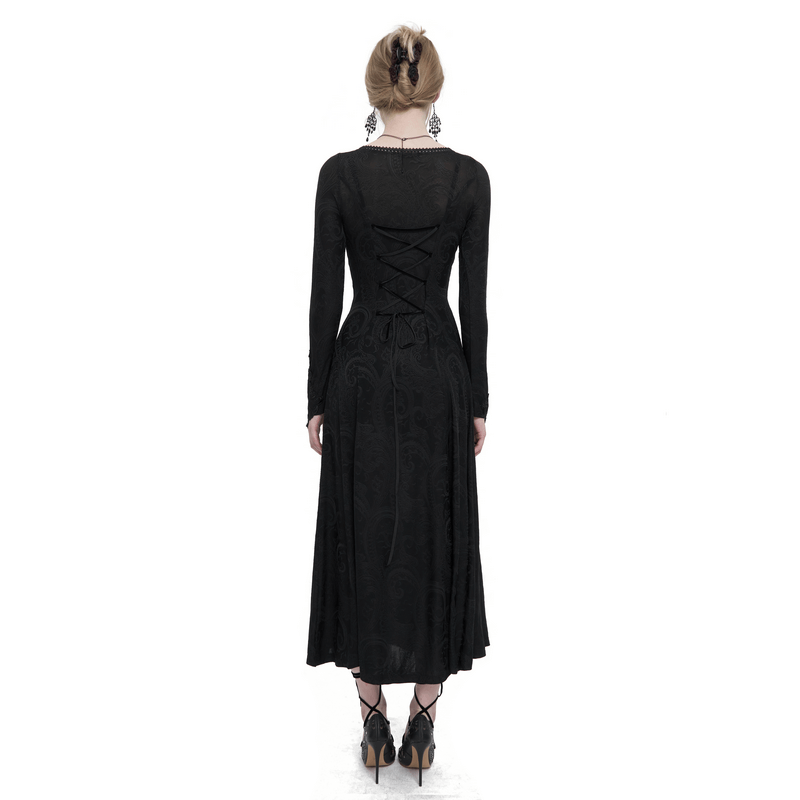 Back view of a Gothic black floral embroidered dress for women with a long slit design and elegant lacing.