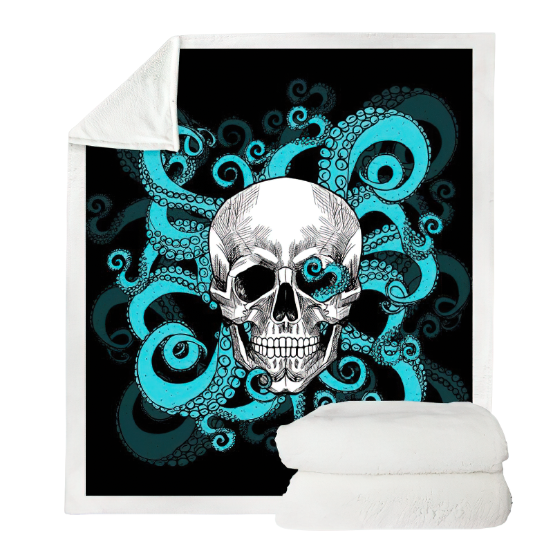 Gothic Plush Blanket of Sherpa with a Skull and an Octopus / Unisex Mystic Blanket For Sofa - HARD'N'HEAVY