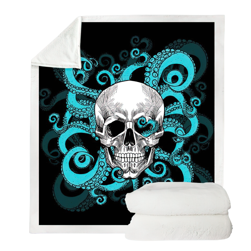 Gothic plush Sherpa blanket featuring a skull and octopus design, perfect for home decor and cozy relaxation.
