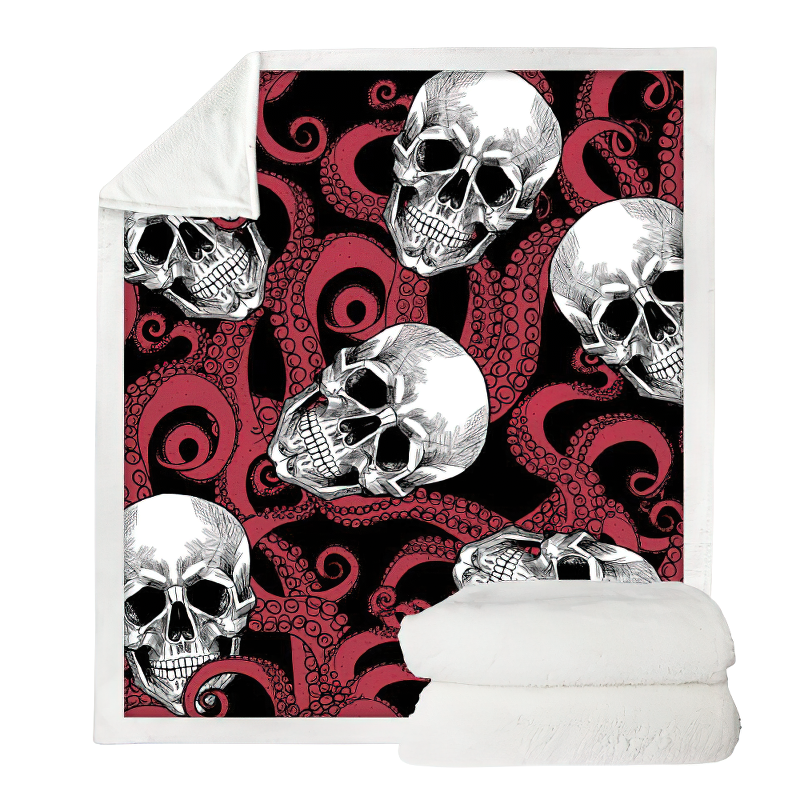 Gothic plush Sherpa blanket featuring skull and octopus design, perfect for sofa and home decor.