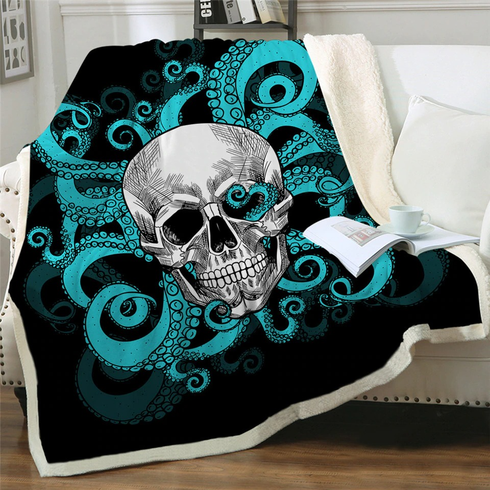 Gothic plush Sherpa blanket featuring a skull and octopus design, perfect for sofa or bed decoration.