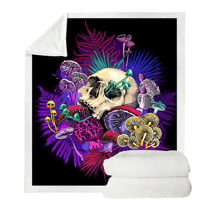 Gothic Plush Blanket of Sherpa with a Skull in Mushroom / Unisex Mystic Blanket For Sofa - HARD'N'HEAVY