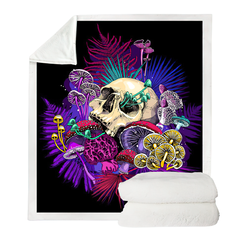 Gothic plush Sherpa blanket featuring a colorful skull and mushroom design, perfect for cozy evenings.
