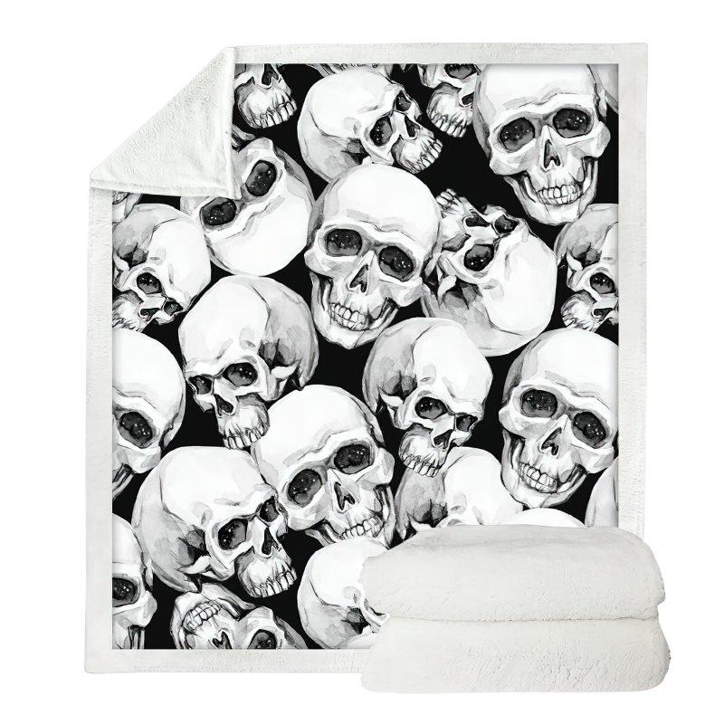 Gothic Plush Blanket Sherpa with Skull / Unisex Black White Mystic Blanket - HARD'N'HEAVY