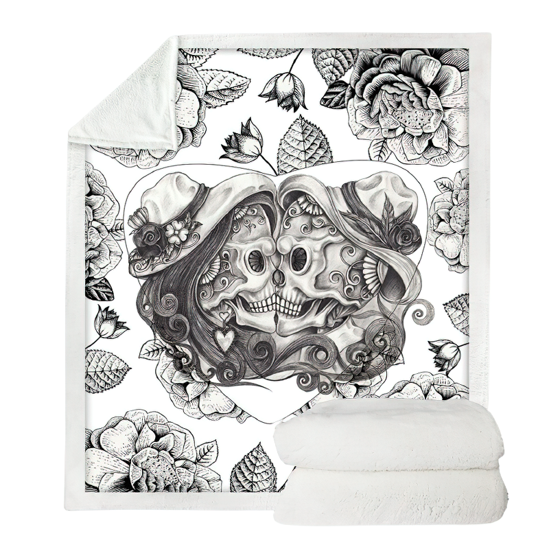 Gothic plush blanket featuring 3D print of skeletons among floral designs, perfect for stylish home decor.