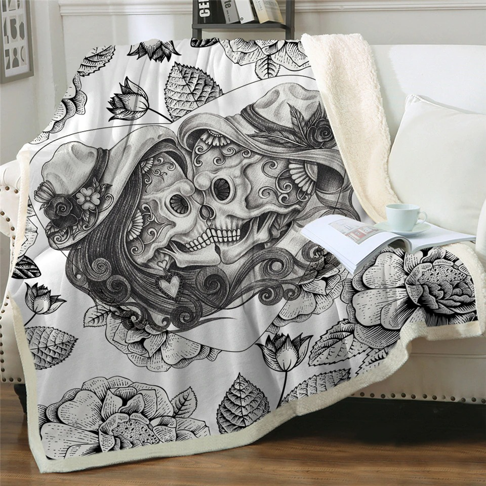 Gothic plush blanket featuring 3D printed skeletons and floral design, perfect for stylish home decor.