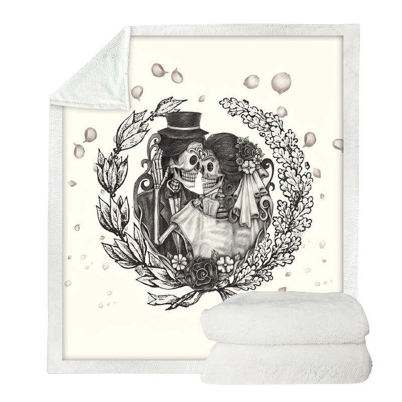 Gothic plush blanket featuring 3D printed skeletons in a romantic embrace, perfect for cozy nights.