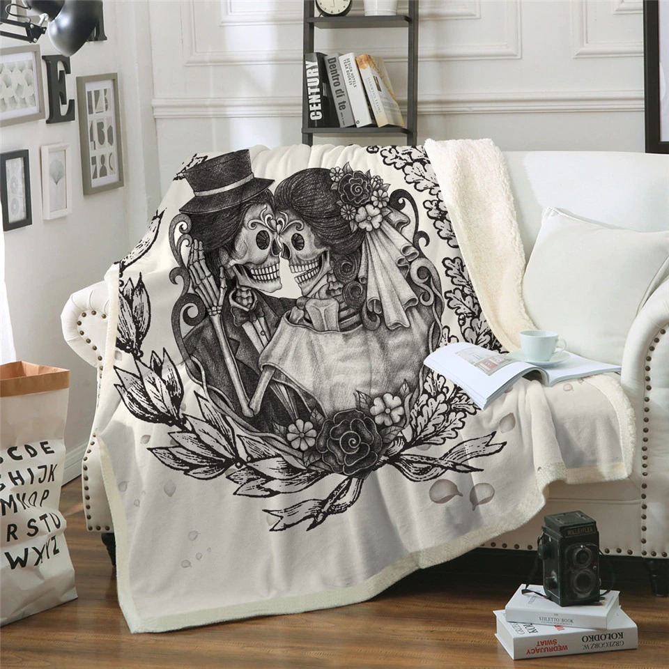 Gothic plush blanket featuring 3D print of skeleton couple, perfect for cozy decor and gothic home styling.
