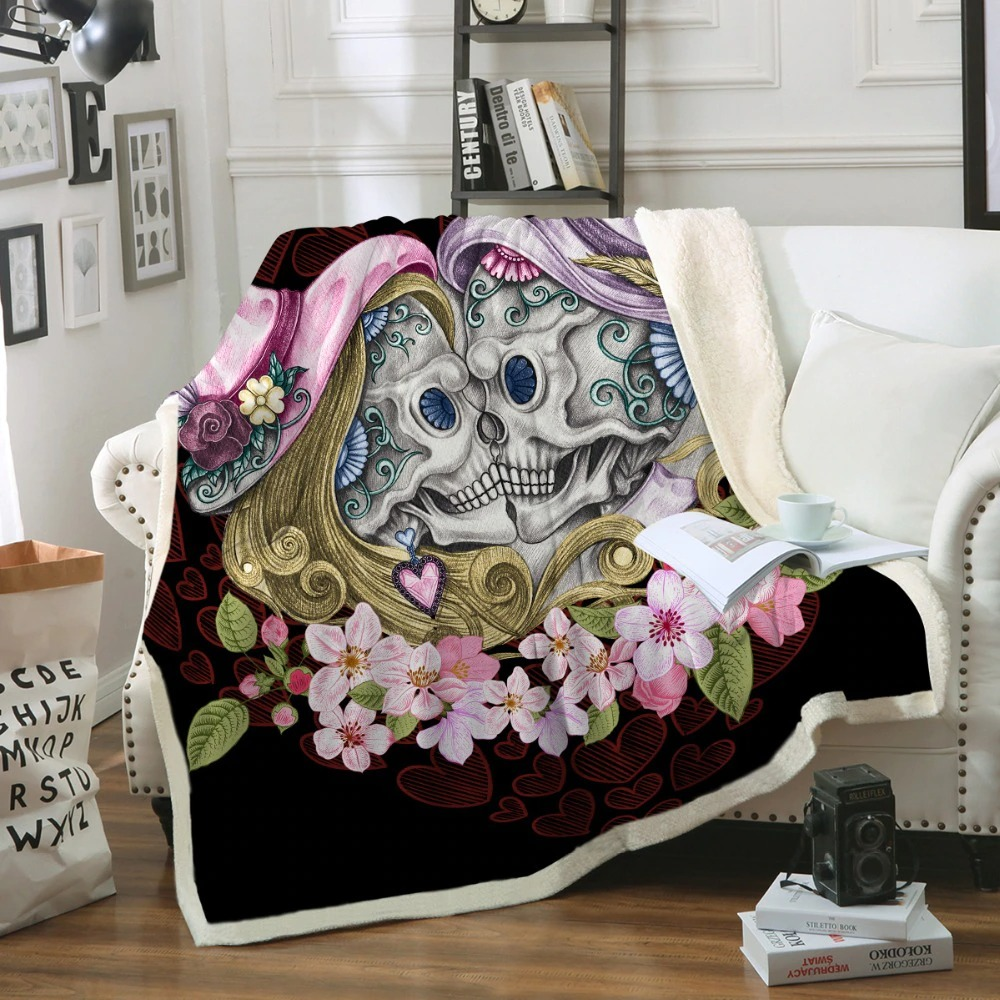 Cozy gothic plush blanket featuring a 3D print of skeletons and flowers, perfect for home decor and chilly evenings.