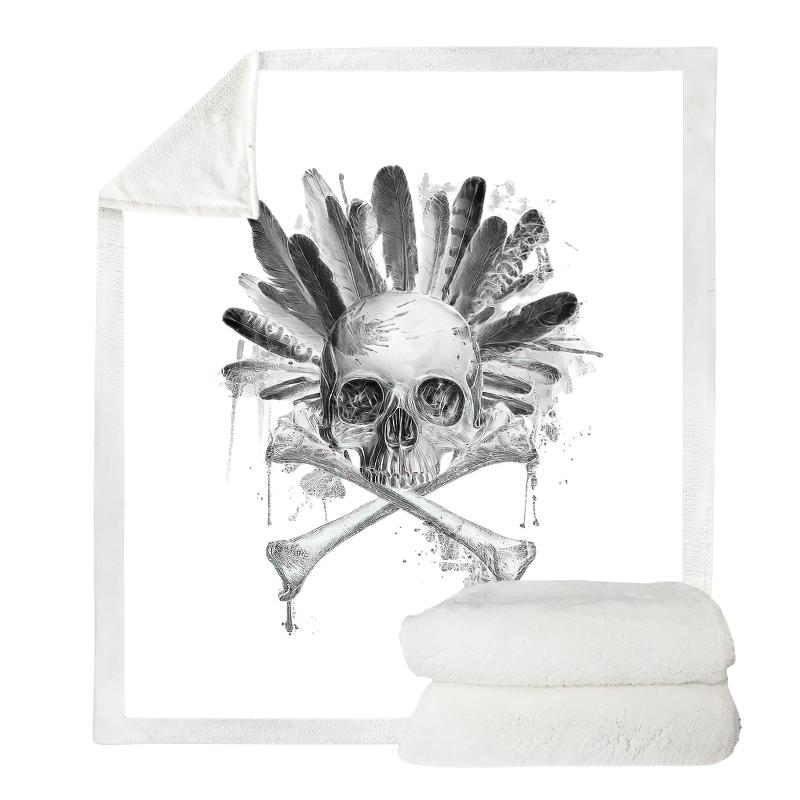 Gothic Plush Blanket With Print Skull One Piece Feathers / Unisex White Mystic Blanket - HARD'N'HEAVY