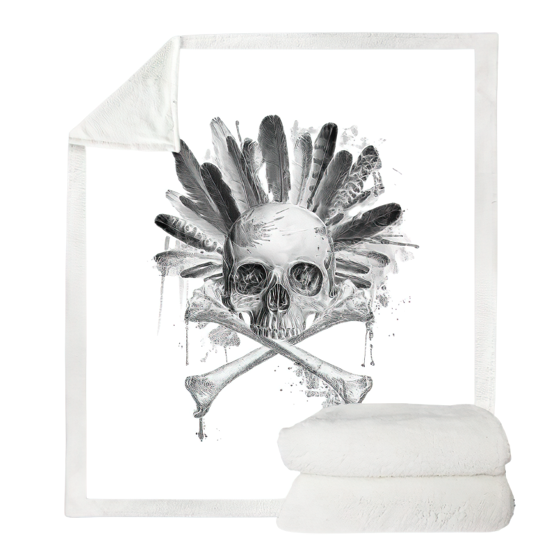 Gothic plush blanket featuring a skull and feathers design, perfect for cozy winter evenings and a unique room decor.