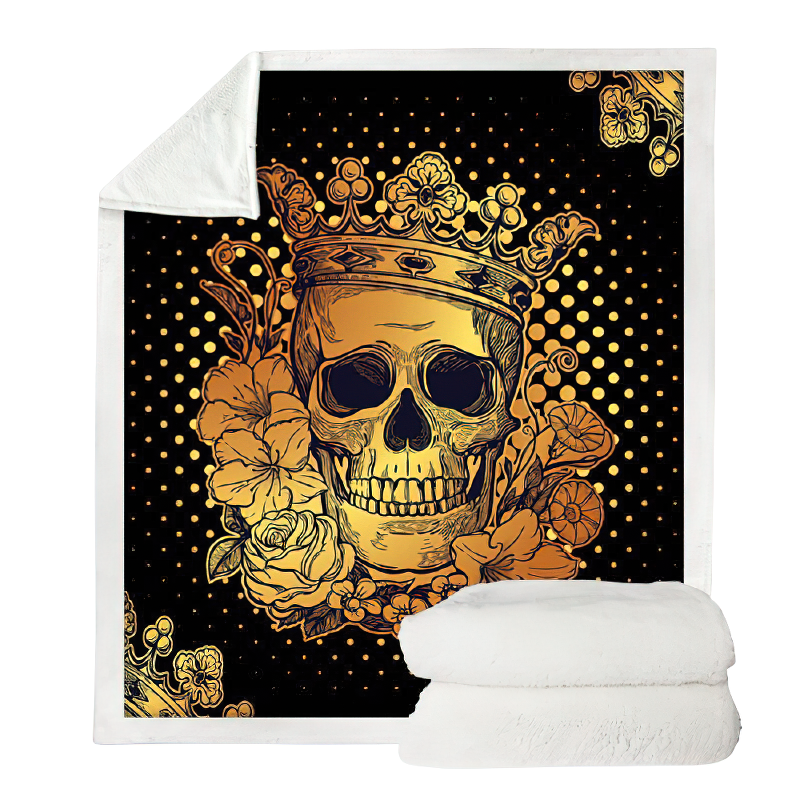Gothic plush blanket featuring skull and floral print, perfect for cozy winter nights and stylish room decor.