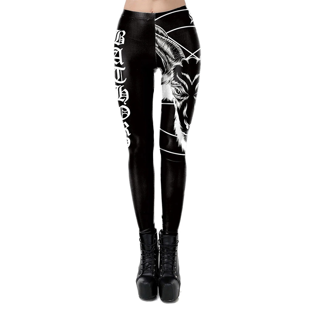 Gothic print black skinny leggings for women featuring a stylish design and high waist, perfect for alternative fashion.