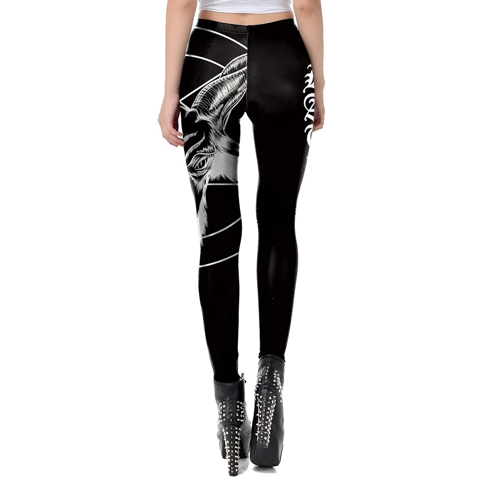 Gothic print black skinny leggings for women showcasing stylish design and high waist fit, perfect for alternative fashion lovers.