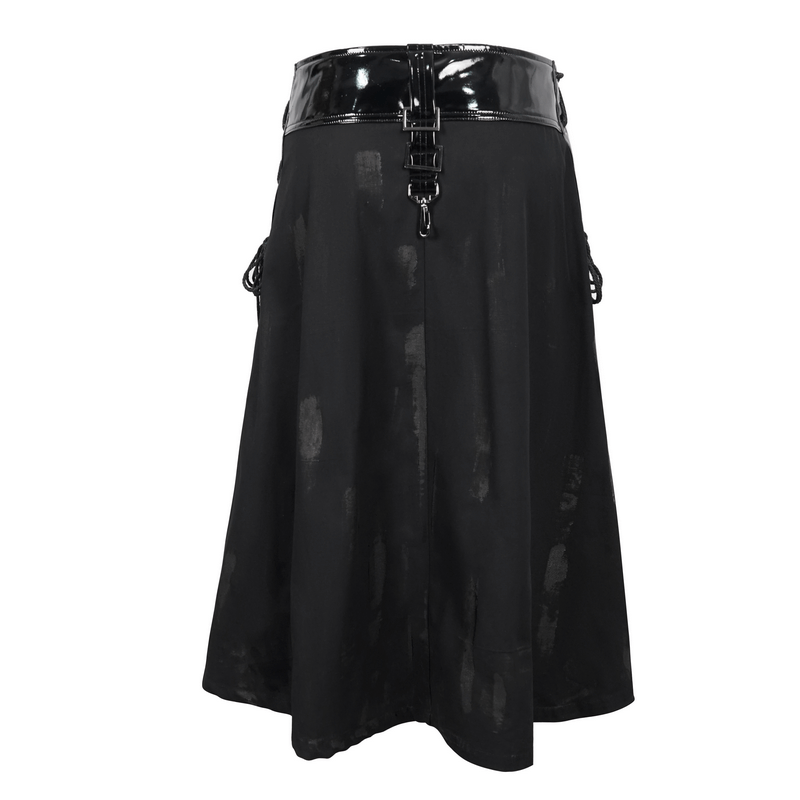 Gothic PU leather half skirt for men with rivets and clasp accents, perfect for punk rock style outfits.