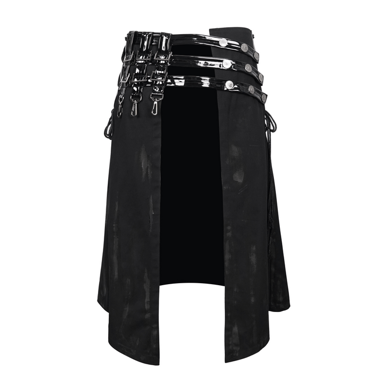Gothic PU leather half skirt for men with rivet and clasp details in black, perfect for punk rock outfits.