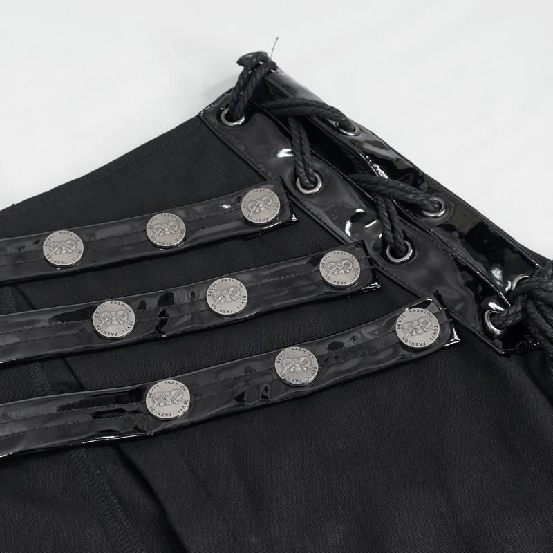 Close-up of gothic PU leather kilt featuring rivets and laces for a punk rock style look.
