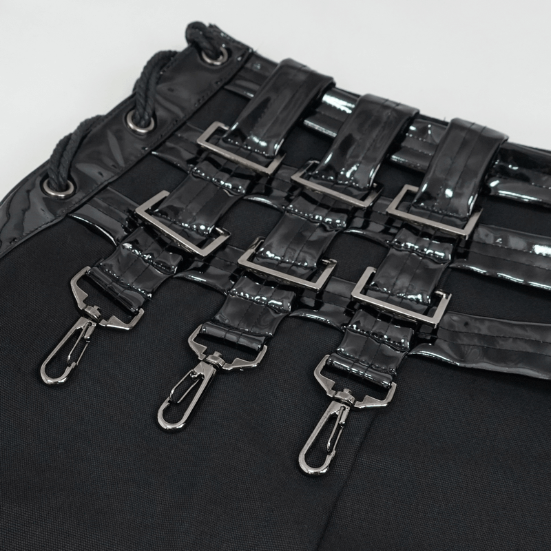 Close-up of rivet and clasp accents on a men's gothic PU leather kilt for stylish punk rock outfits.