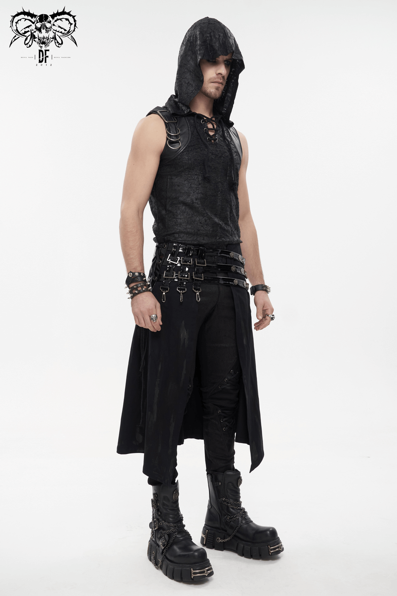Gothic punk male model wearing a sleeveless hooded top, kilt pants, and chunky boots with accent accessories.