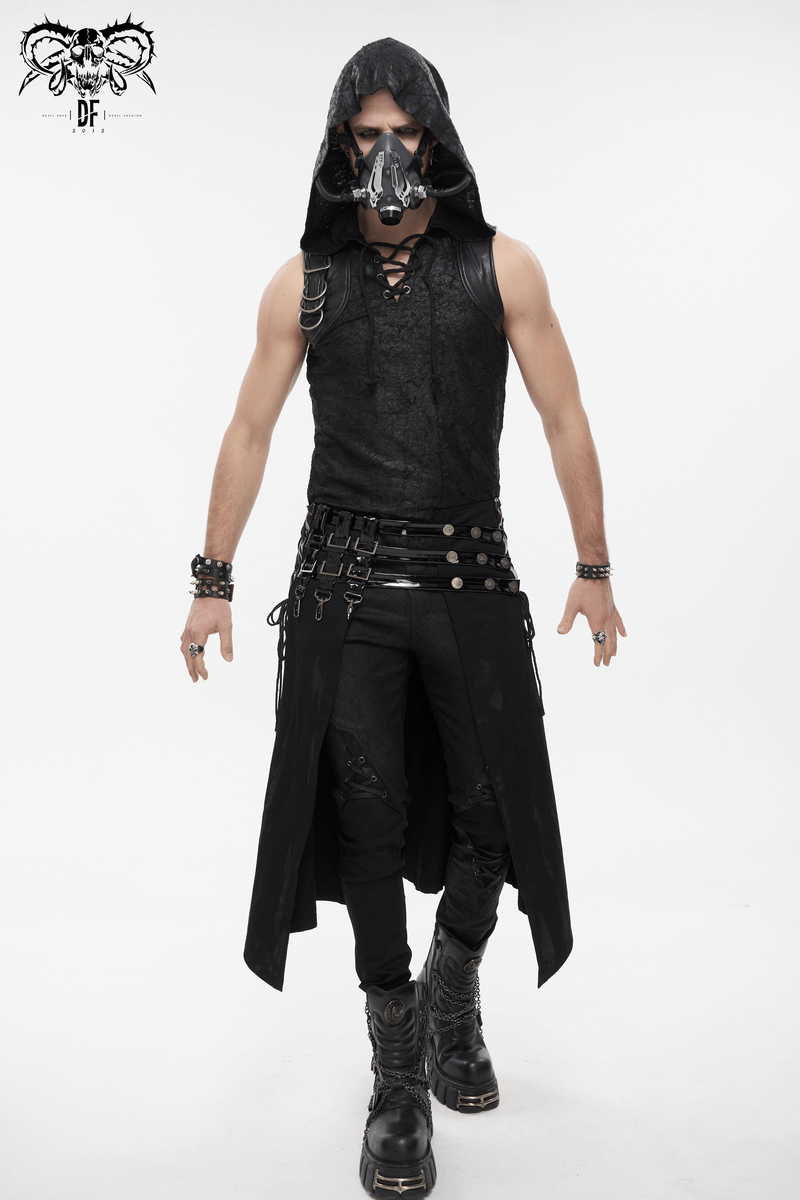 Gothic man in black outfit with hood, mask, and chains, embodying punk rock fashion.