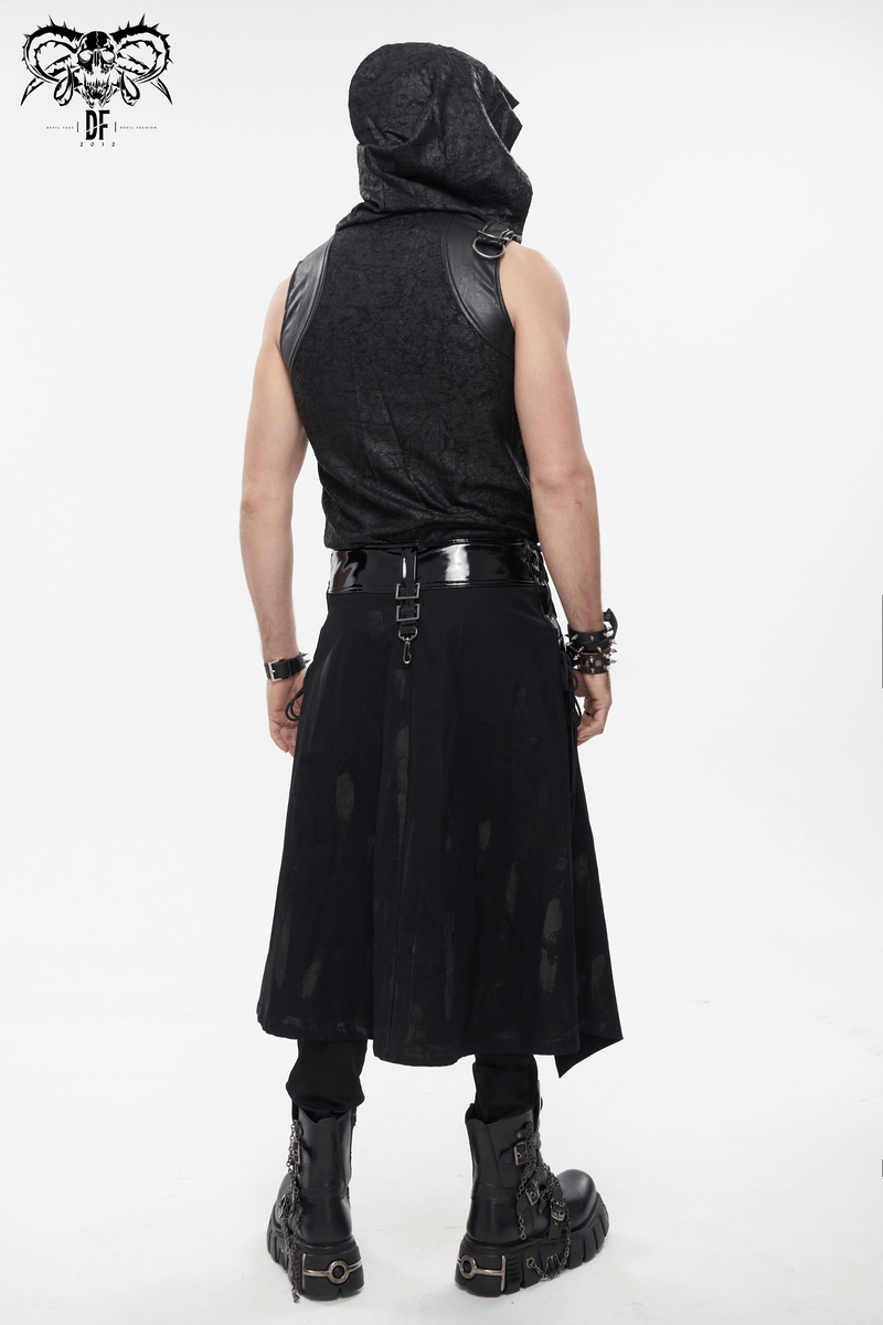 Stylish man wearing a gothic PU leather kilt from the back, showcasing rivets and clasp accents in a punk rock style.