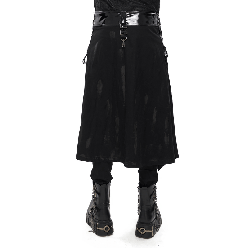 Men's gothic PU leather kilt with rivets and clasp accents, showcased with stylish black boots, perfect for punk rock outfits.