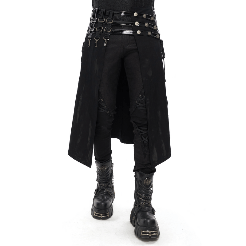 Gothic PU leather half skirt for men with rivets, clasps, and edgy punk rock style. Perfect for unique outfits!