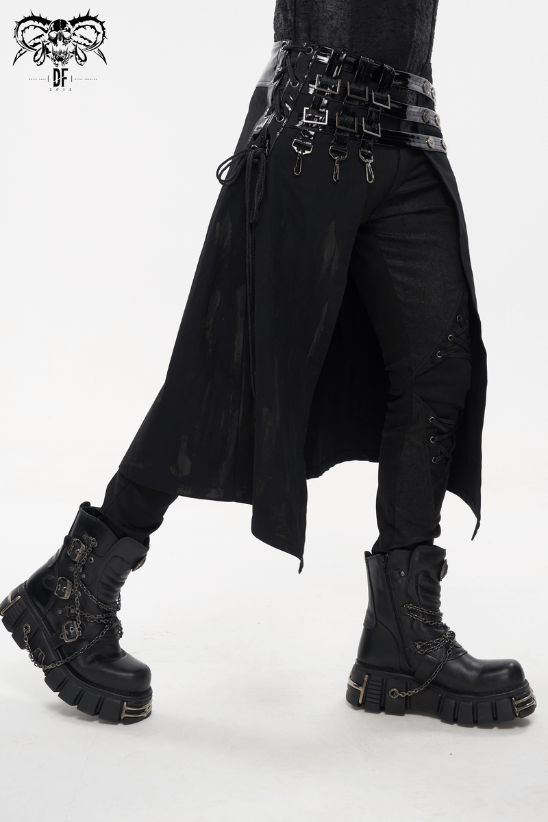 Men's gothic PU leather kilt with rivets, clasp accents and chunky boots in a punk rock style.