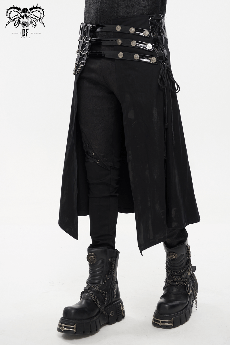 Men's gothic kilt with rivets and clasps, styled with black boots, perfect for punk rock outfits.