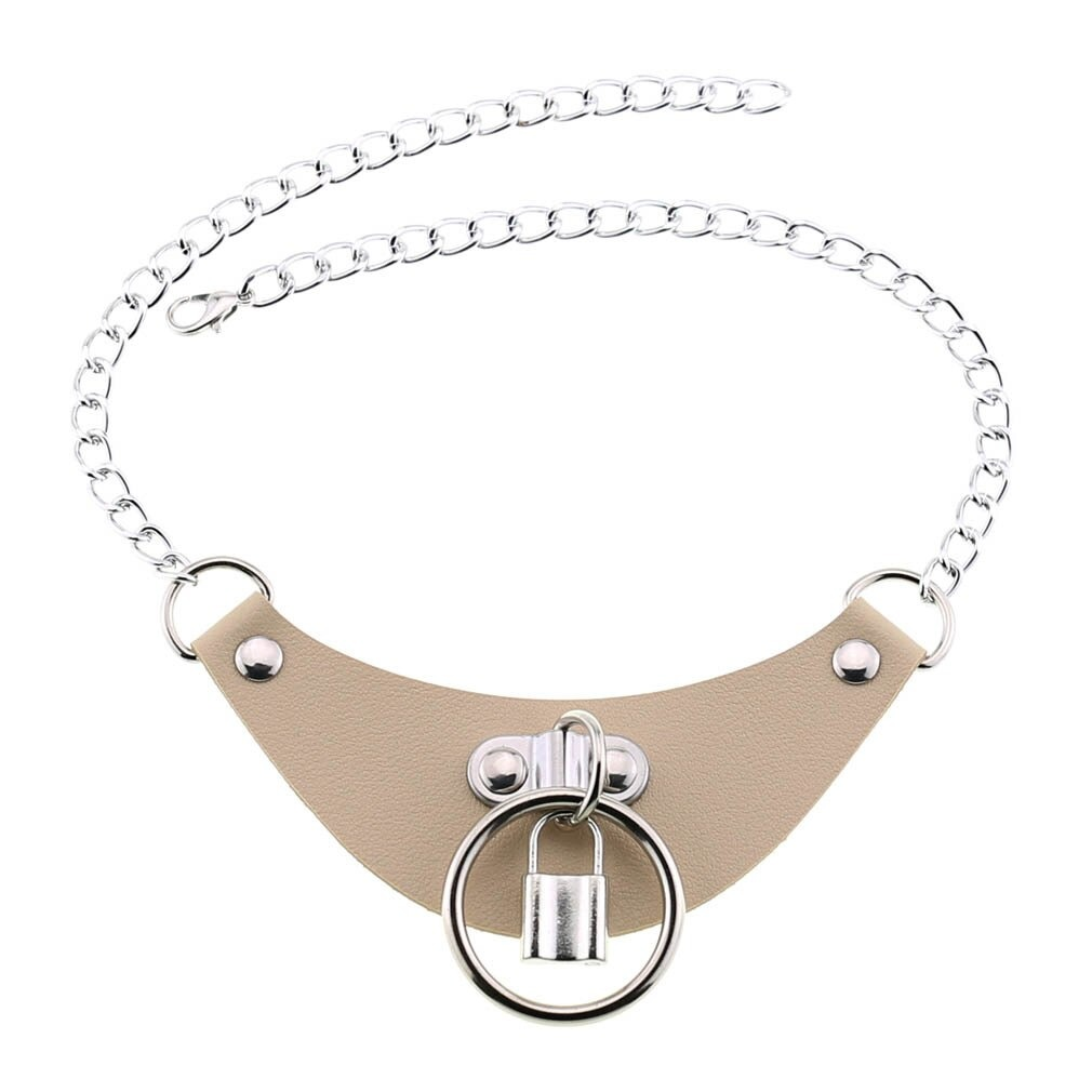 Gothic PU leather choker collar necklace featuring a silver chain and lock pendant, stylish women’s accessory.