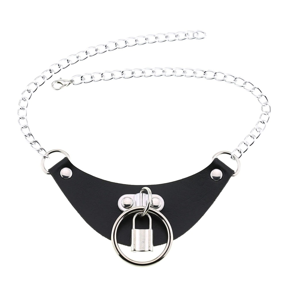 Gothic PU leather choker collar with silver chain and lock pendant, perfect for stylish women.