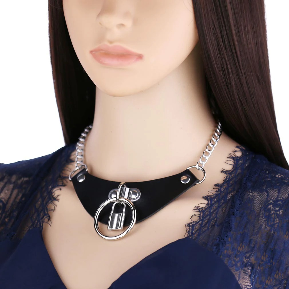 Gothic PU leather choker collar for women, featuring a lock pendant and silver chain, perfect for trendy gothic looks.