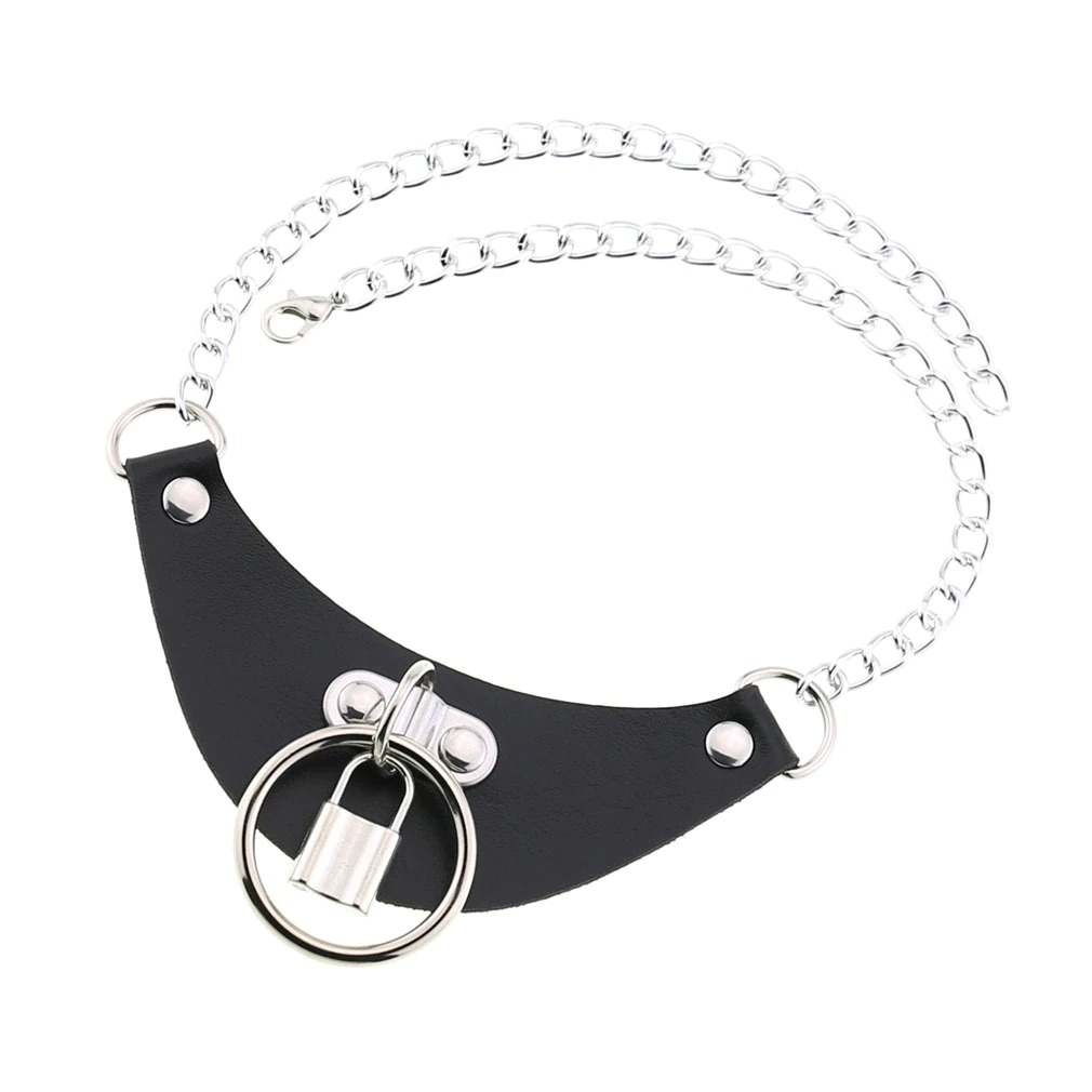 Gothic PU leather choker collar with silver chain and lock key pendant for women.