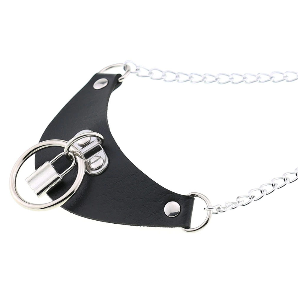 Gothic PU leather choker collar with silver chain and lock pendant, stylish necklace for women