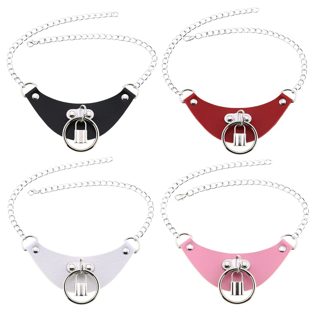 Gothic PU leather choker collars in black, red, white, and pink with silver chain and lock pendant.