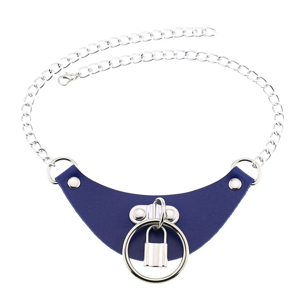 Gothic PU leather choker collar for women featuring a silver chain and lock pendant, stylish accessory in blue.