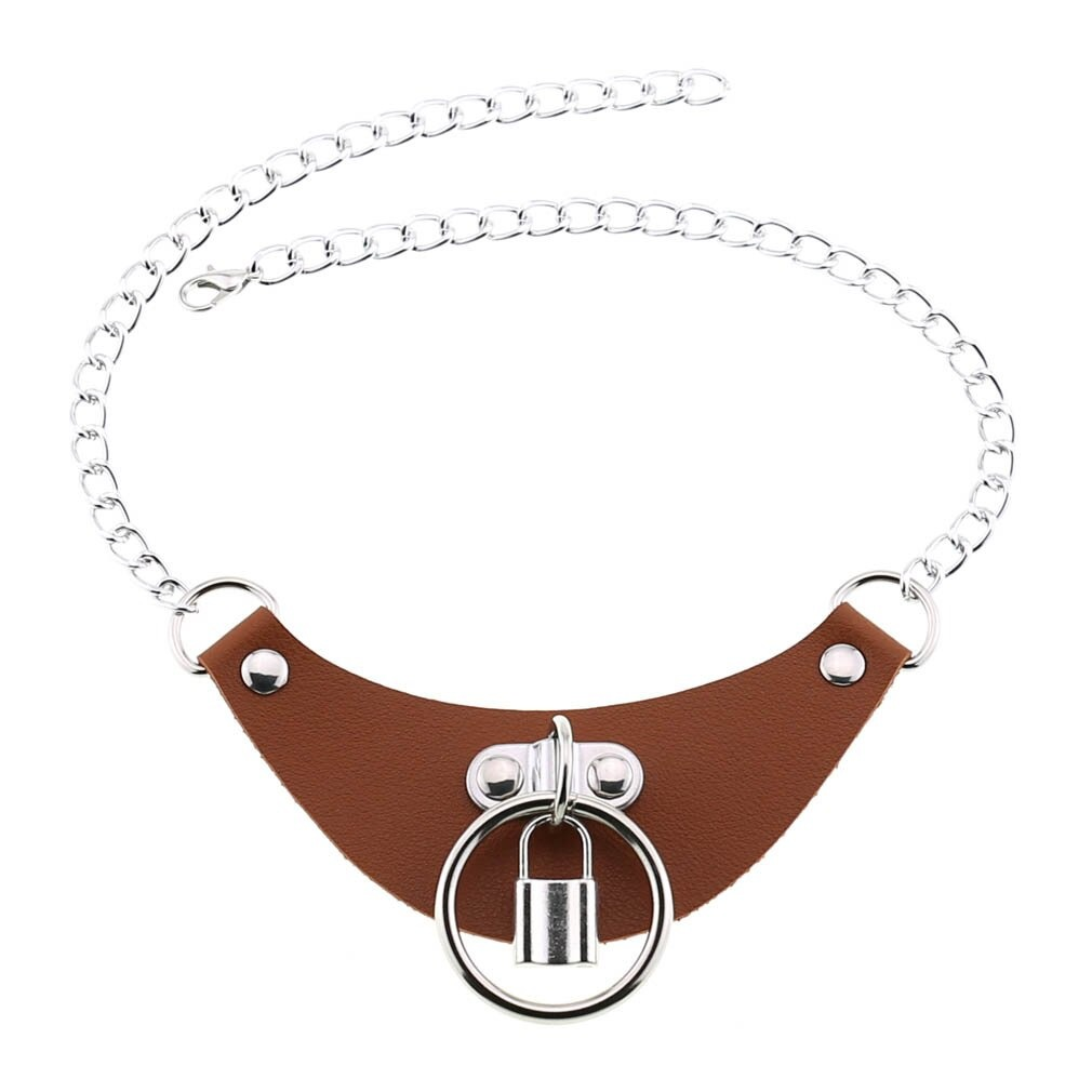 Gothic PU leather choker collar for women featuring a silver chain and lock pendant, stylish accessory for any outfit.