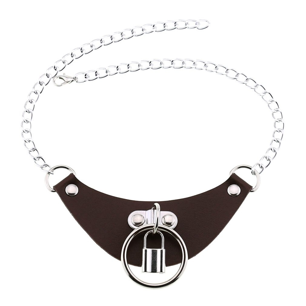 Gothic women's PU leather choker collar with silver chain and lock pendant for a bold accessory look.
