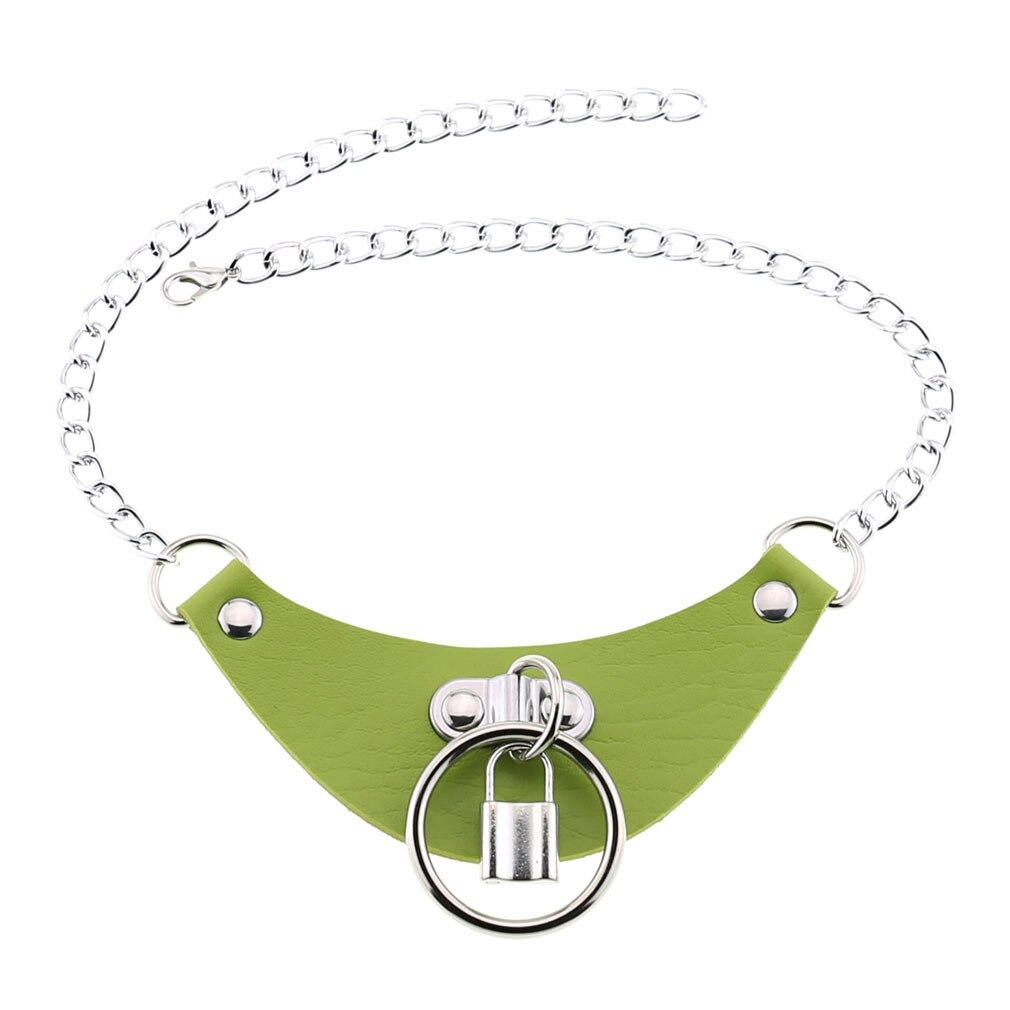 Gothic PU leather choker collar in green with silver chain and lock pendant for women, trendy gothic accessory.