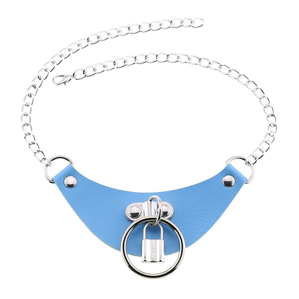 Gothic blue PU leather choker collar with silver chain and lock pendant for women.