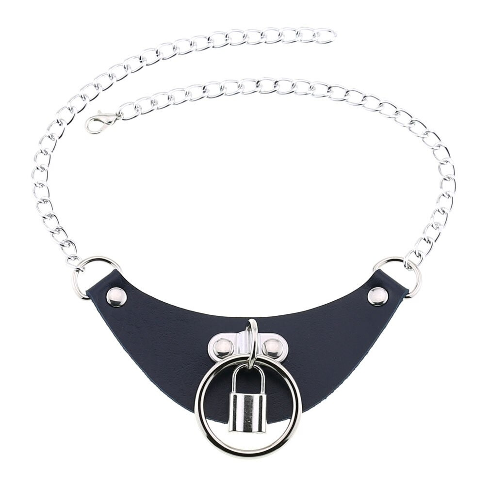 Gothic PU leather choker collar for women with silver chain and lock pendant, trendy fashion accessory.