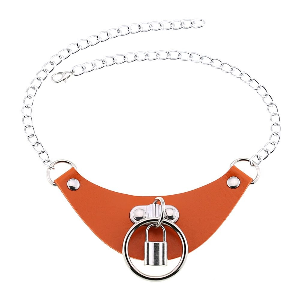 Women's gothic PU leather choker necklace with silver chain and lock pendant, stylish accessory for a daring look.