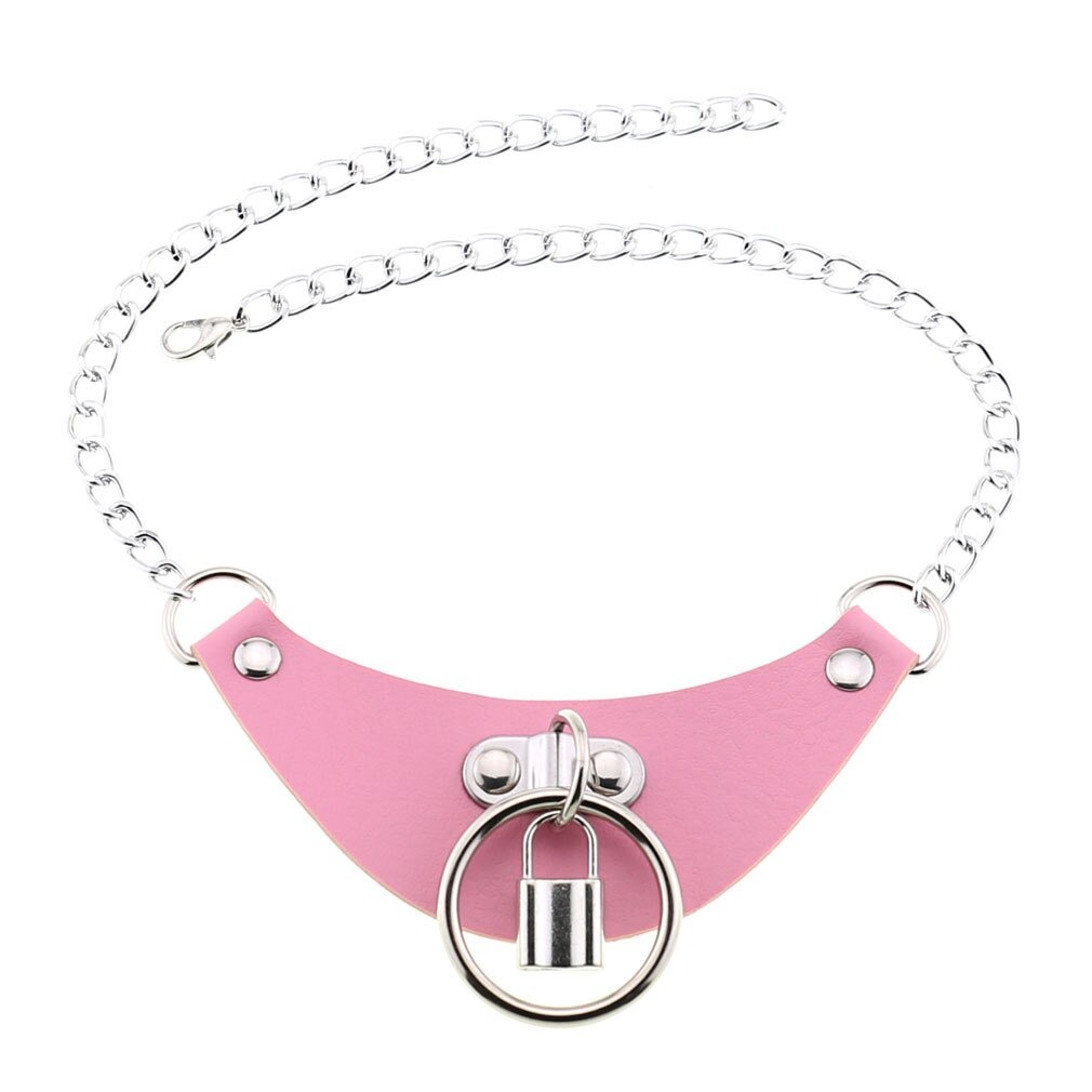 Gothic PU leather choker collar for women, pink with silver chain and lock pendant, trendy necklace accessory.