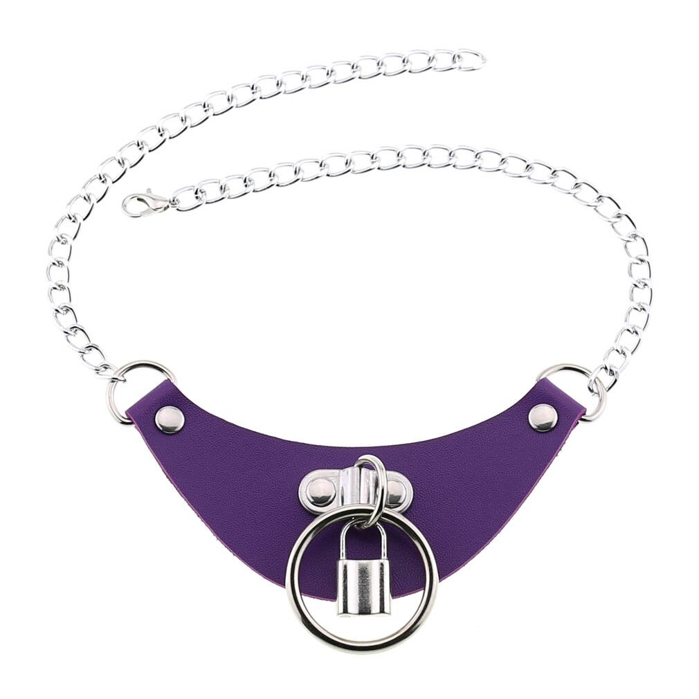 Gothic PU leather choker collar for women featuring a purple design, silver chain, and lock pendant.