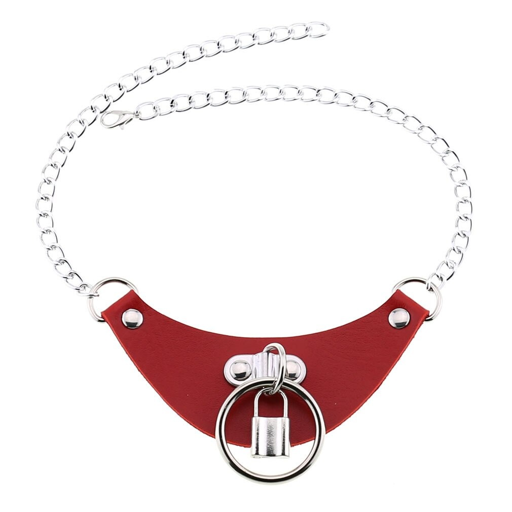 Gothic PU leather choker collar for women, featuring a silver chain and lock pendant, stylish accessory in red.