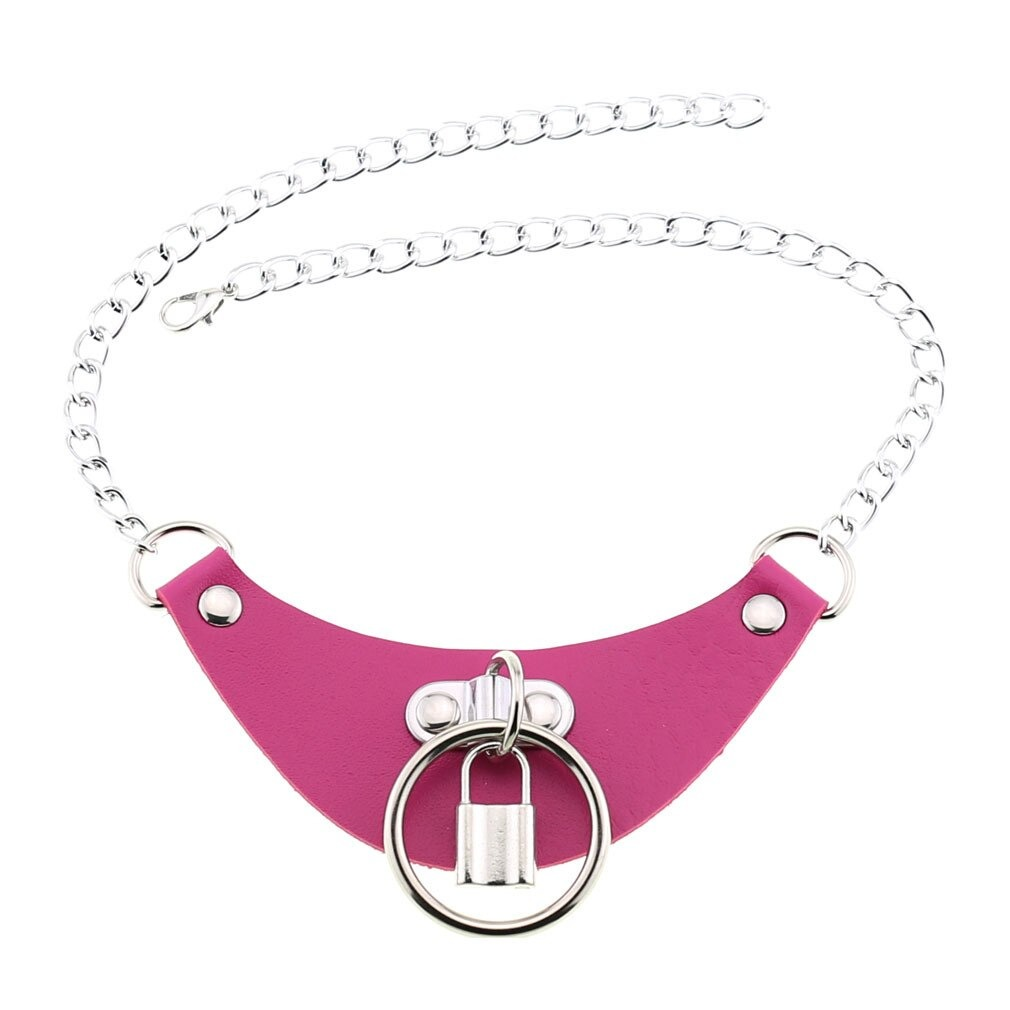 Gothic PU leather choker collar in vibrant pink with silver chain and lock pendant for women.