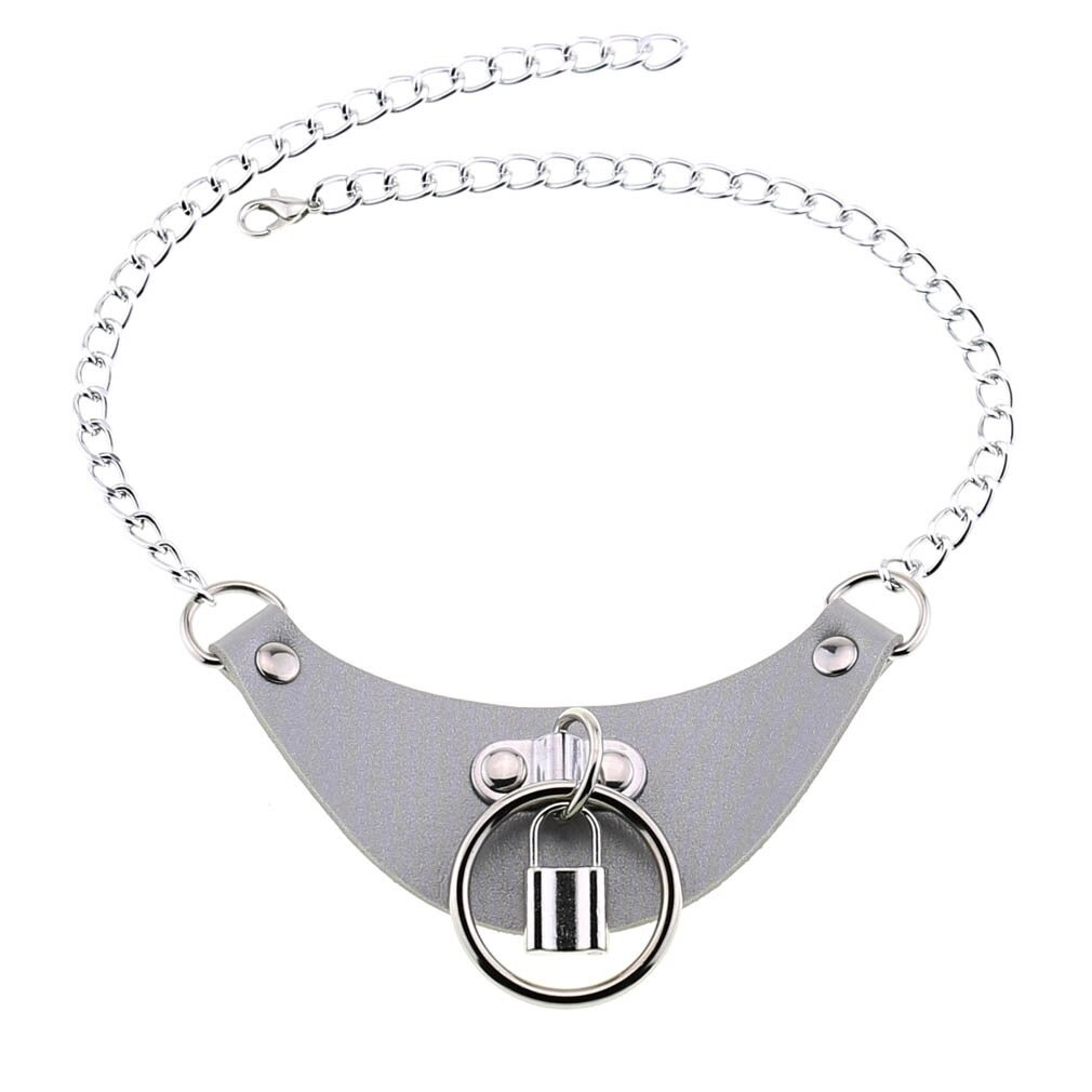 Gothic PU leather choker collar for women with silver chain and lock pendant, trendy accessory for a bold style.
