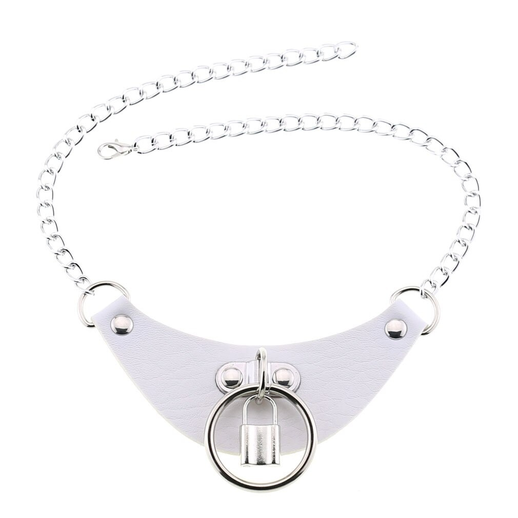 Gothic PU leather choker collar with silver chain and lock pendant for women, trendy accessory in white.