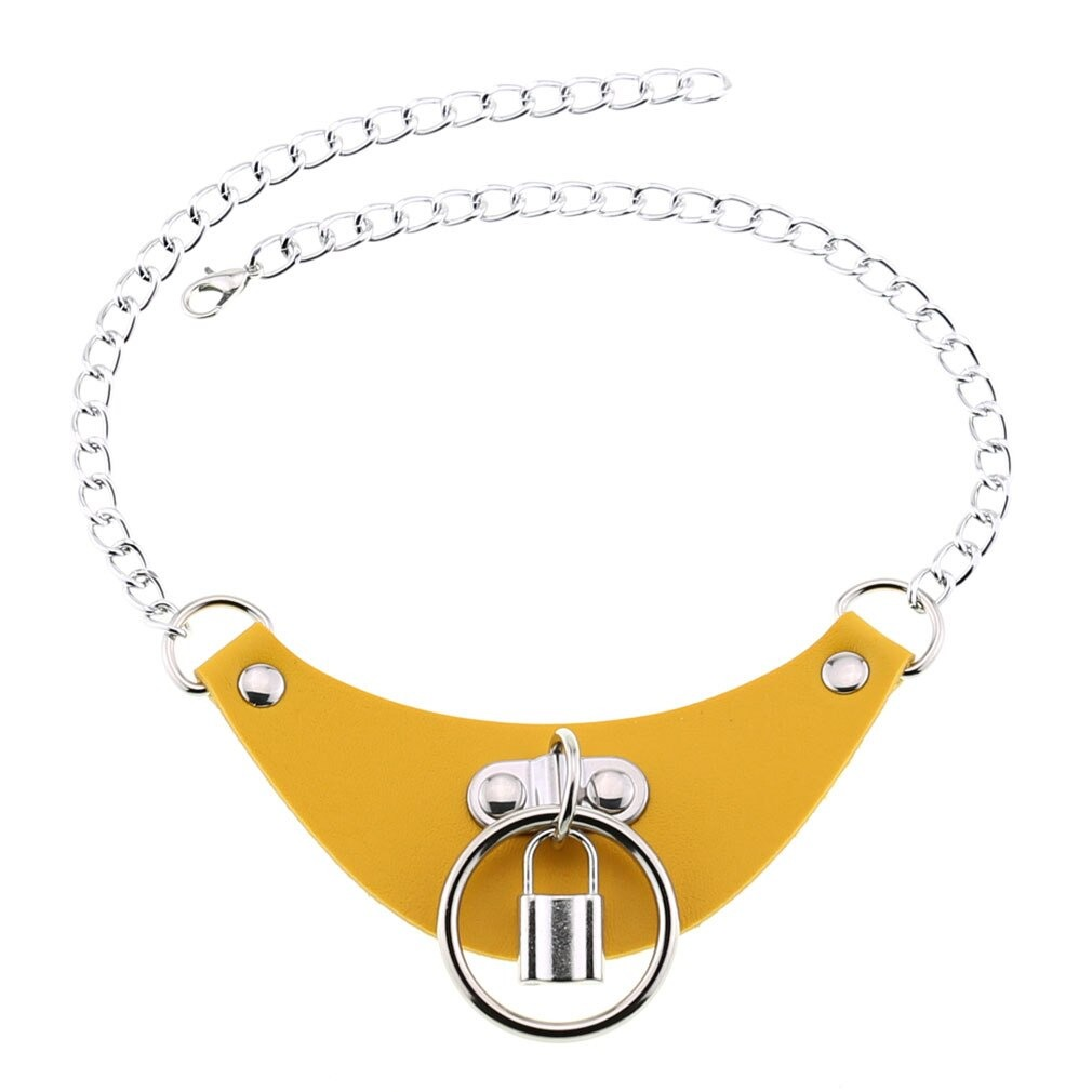 Gothic yellow PU leather choker collar with silver chain and lock pendant for women.
